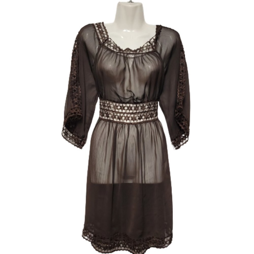 Brown Blouse Top See Through Lace Tunic Top